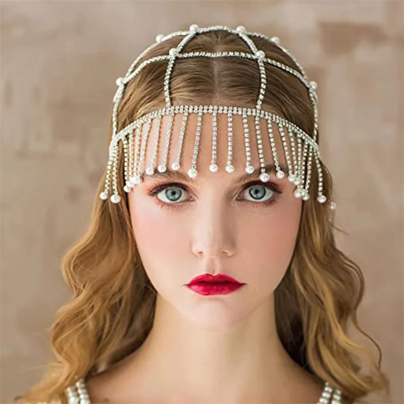 

Fashion Head Accessories Shining Ethnic Tassel Pearl Stage Performance Rhinestone Chain Club Show Costume for DJ Singer Dancer