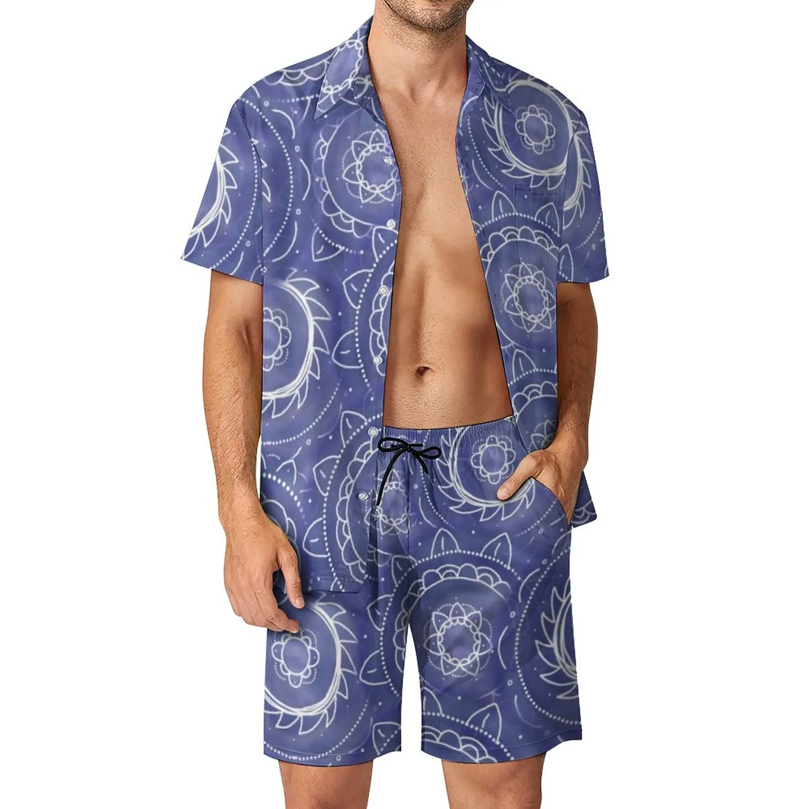 

Indigo Flower Circles Men Sets Retro Geometric Print Casual Shorts Beach Shirt Set Novelty Suit Short Sleeve Oversized Clothing
