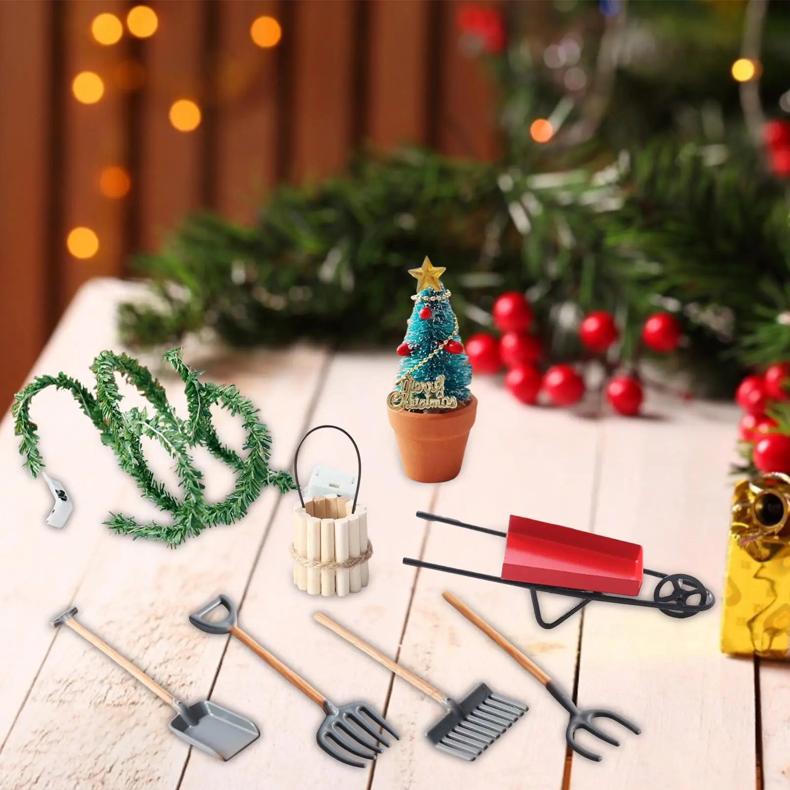 

8 Pieces Dollhouse Miniature Christmas Decoration Set Wooden Bucket for 1:12