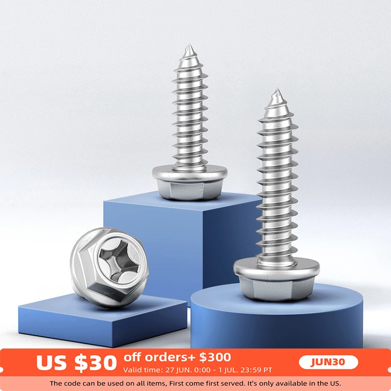 

20pcs 304 Stainless Steel Phillips Cross Flange External Hexagon Self Tapping Screw with Washers Collar Wood Screw BoltsM3M4M5M6