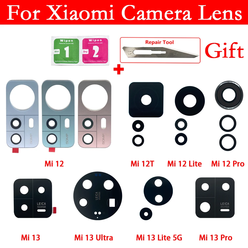 

5 шт., стеклянный объектив задней камеры для Xiaomi Mi 13 12 12T Pro Lite 5G Mi 13 Mi 12 Mi 12T, Ремонт объектива камеры с клейким клеем