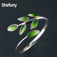 925 sterling silver gradient green enamel leaves adjustable finger rings plant open size ring for women fine jewelry anniversary