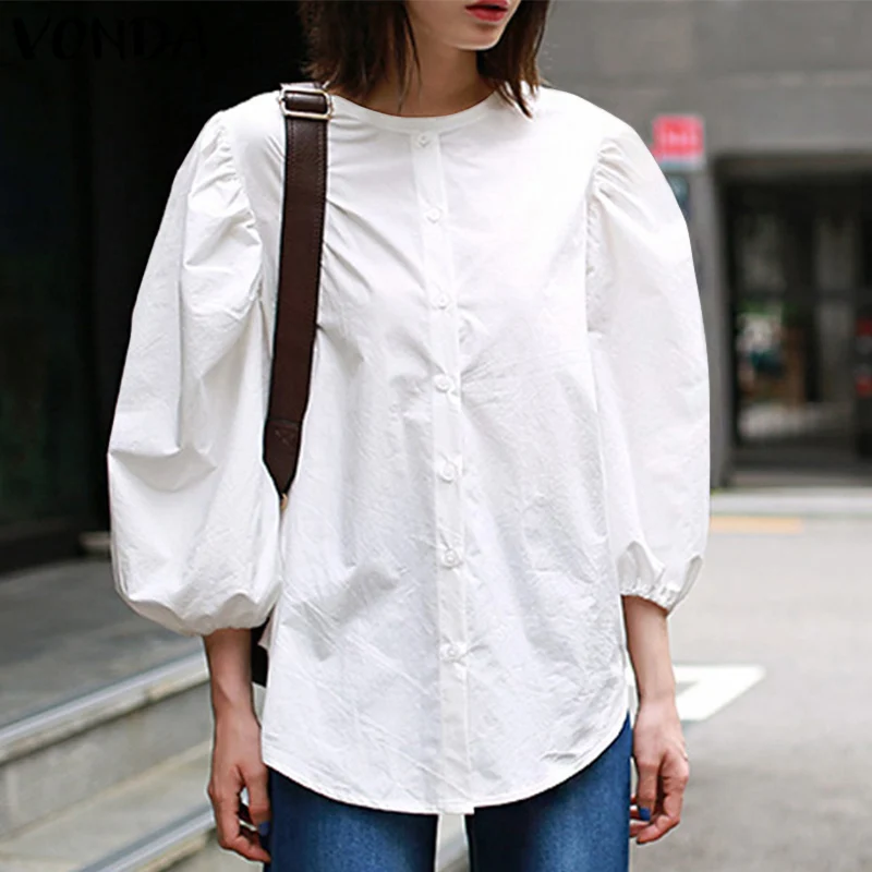 

Women 3/4 Sleeve Button Up Solid Shirts VONDA 2022 Autumn Casual Baggy Tops Solid Color Bohemian Blusas Femininas Streetwears