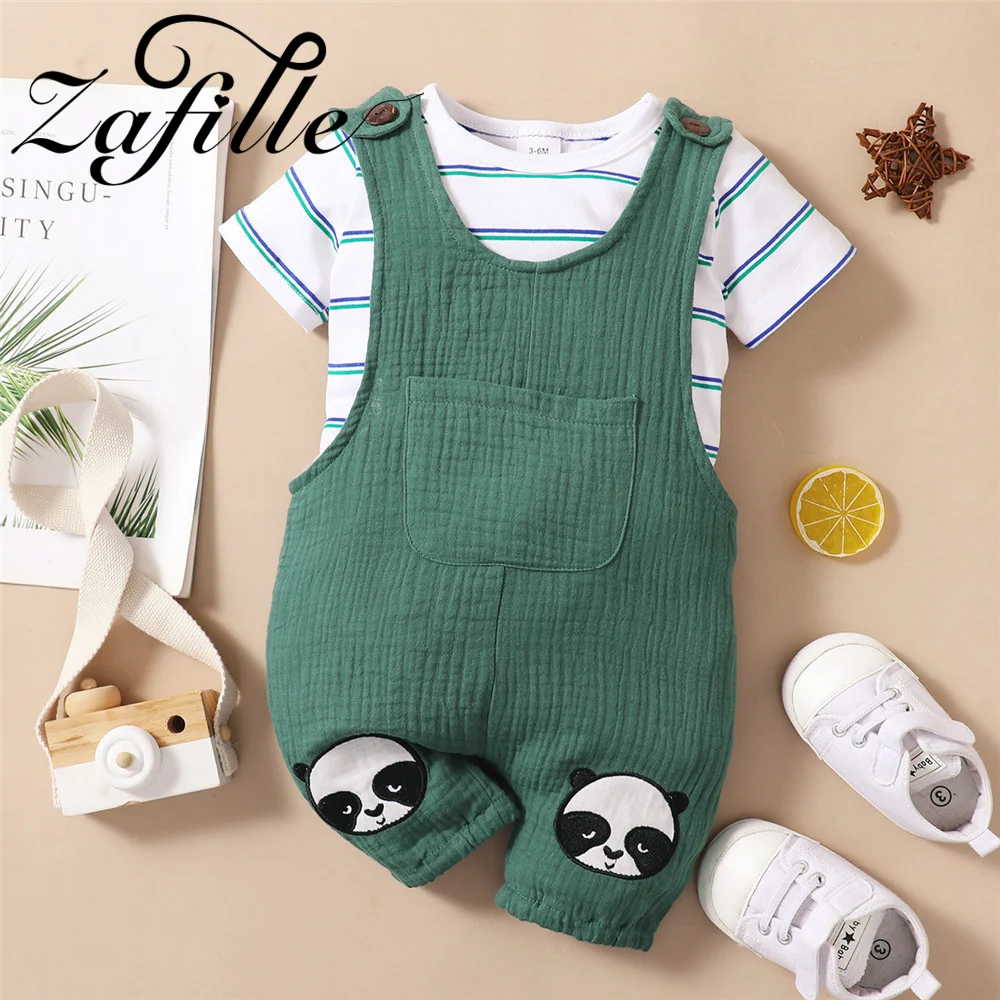 

ZAFILLE Summer Baby Boys Striped Top+Panda Overalls 2Pcs Kids Toddler Clothes Set Casual Baby's Outfits 3-24M Children Clothing