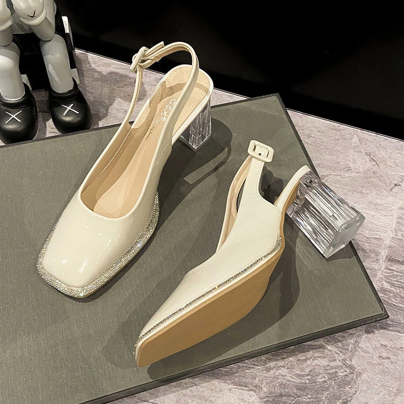 

2022 New Genuine Leather Sandals Women Square Toe Med Heels Shoes Ladies Solid Buckle Strap Dress Shoes