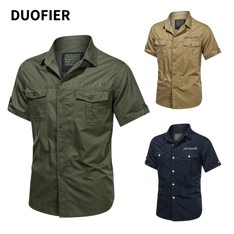 

100% Cotton Men's Solid Military Shirts Single Breasted Casual Short Sleeve Tops Man Business Summer Slim Shirt Military Uniform