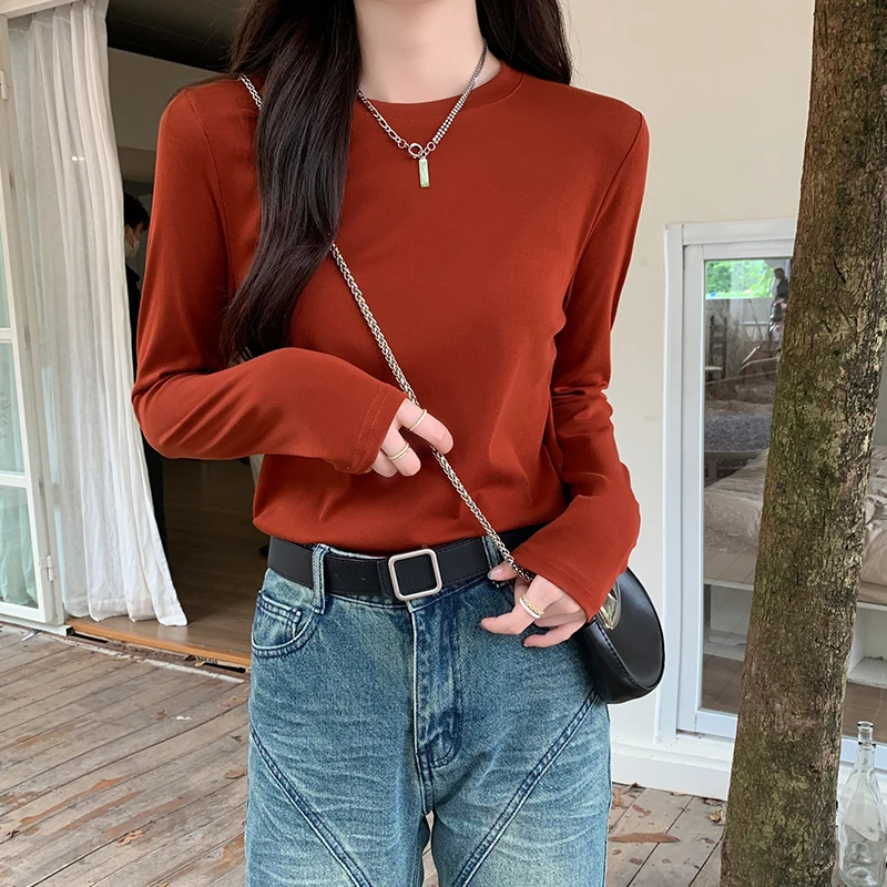 Однотонные базовые облегающие футболки с круглым вырезом и длинным рукавом