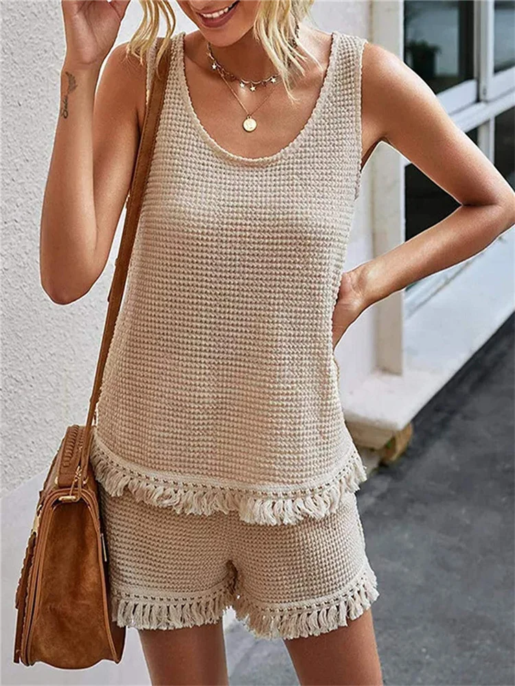 Summer Beach Two Piece Set Women tassel Tracksuit Loungewear Casual Sleeveless Tops + Slim Shorts Suit Elegant Woman Set Outfits