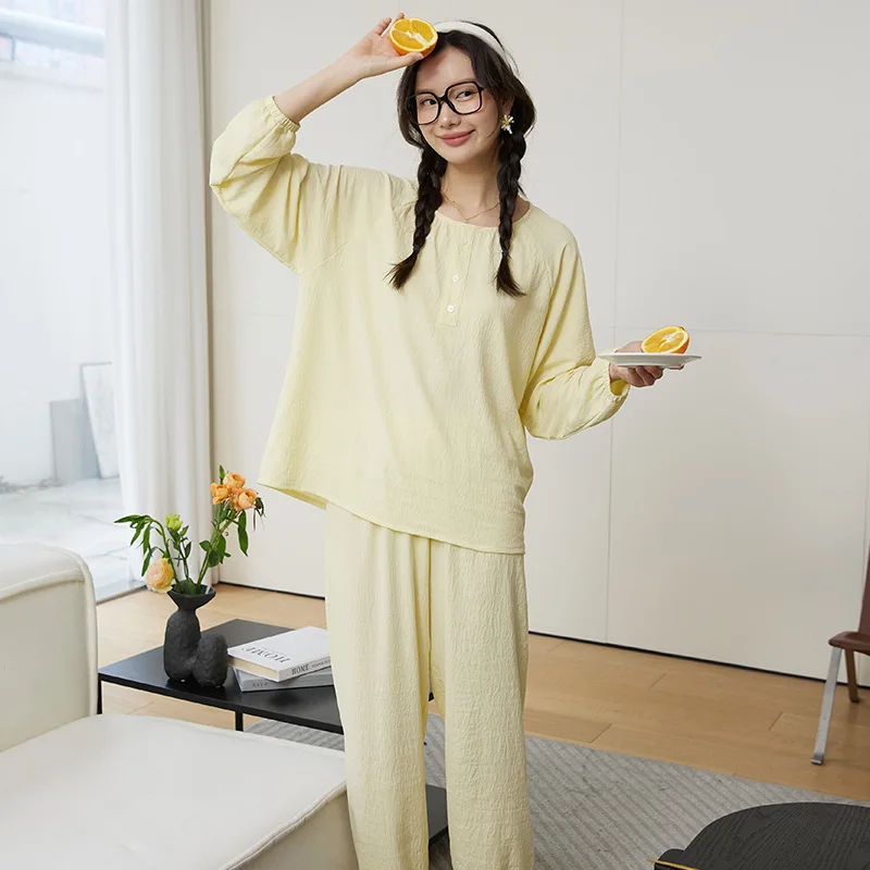 Spring Pajamas Set for Women Comfort Breathable Long Sleeve Trouser Pants Pyjama Sets Simple Ladies Home Wear Clothing Sleepwear