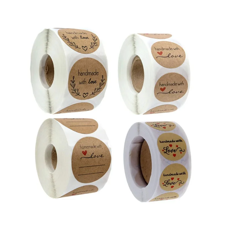 

500pcs/roll round handmade with love kraft paper envelope gift box postcard stationery sticker seal