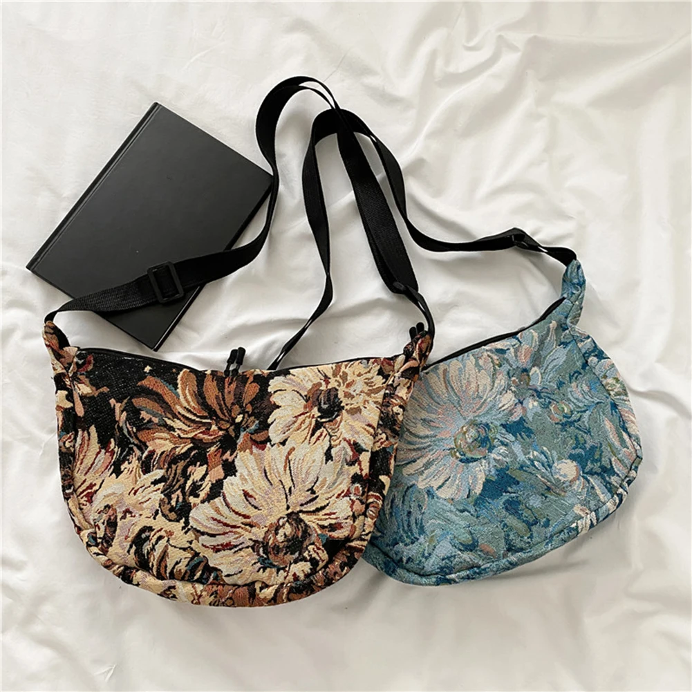 

Eco-Friendly Reusable Shopping Bag Vintage Women Flower Print Large Capacity Cloth Shoulder Crossbody Bag Handbags