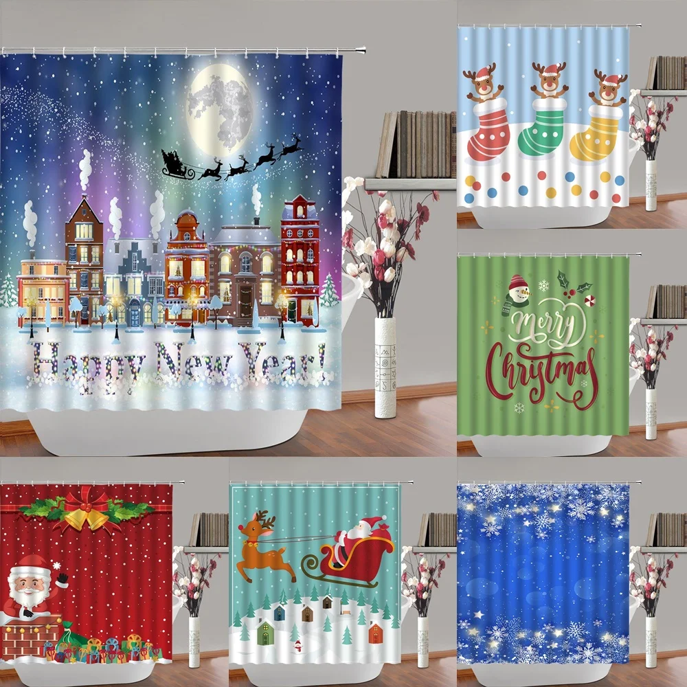 

Elk Snowman Winter Street Snowflake Shower Curtain Bath Screen Christmas Decoration Santa Claus Bathroom Curtain Decoration