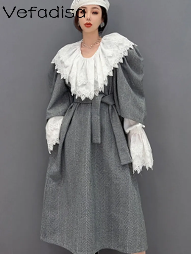 

Vefadisa 2023 Spring Autumn Fashion White Underlay Gray Woolen Dress Causal Trend Peter Pan Collar Women Two Piece Set LWL044