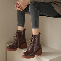 newcurve ankle boots women fashion cow split leather round toe high heels martin boot women shoes female platform work boots