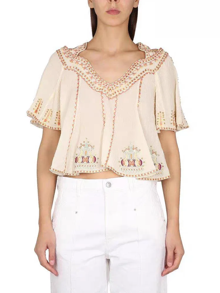 

Women Butterfly Sleeve Shirt Three-Dimensional Embroidery Beading Retro Bohemia V-neck 2023 Summer Female Blouse