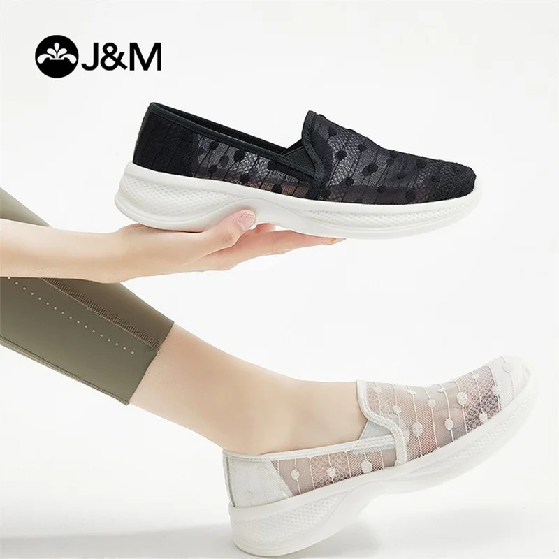 J&M Women walking Shos Soft Sole Slip-On Sports White Sneaker Student Casual Summer Flat Mesh Breathable Shoe Zapatillas Sapatos