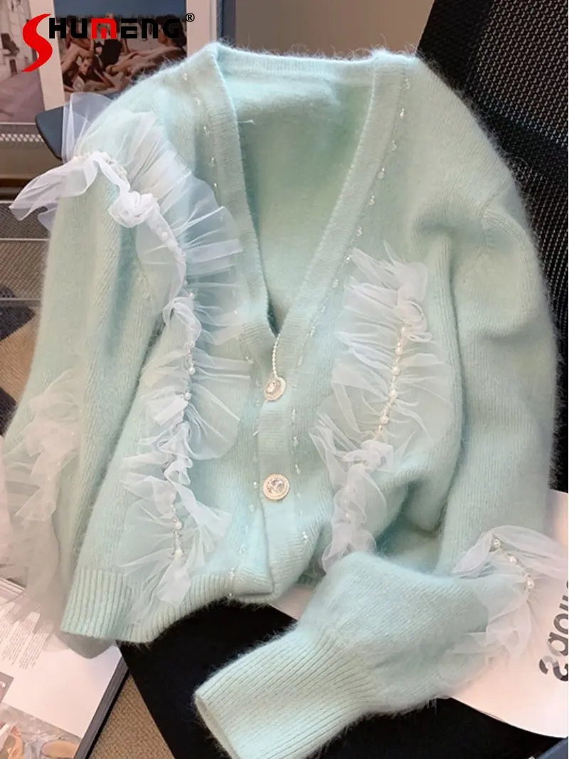 

Женский кардиган с V-образным вырезом, свободный трикотажный свитер молочного цвета с кружевом и бусинами, осень 2022