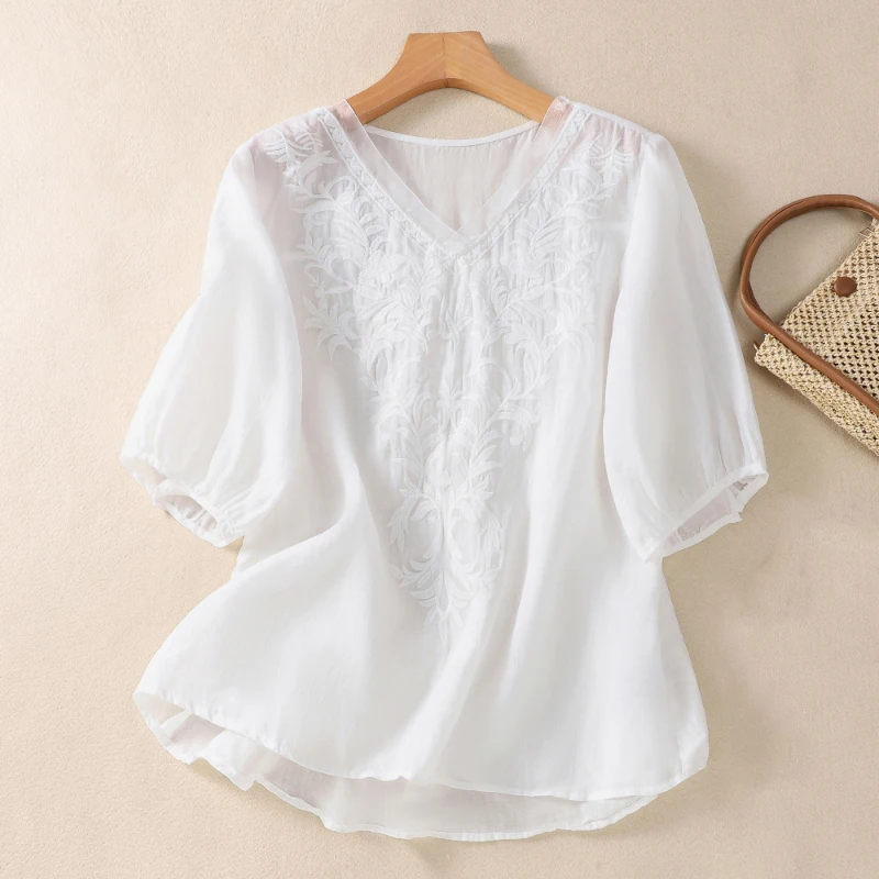 

V Neck Summer Simple Lace Shirts Embroidery Flower Cotton Blouse Women Short Sleeve Ethnic Style Ladies Loose Casual Tops 26839