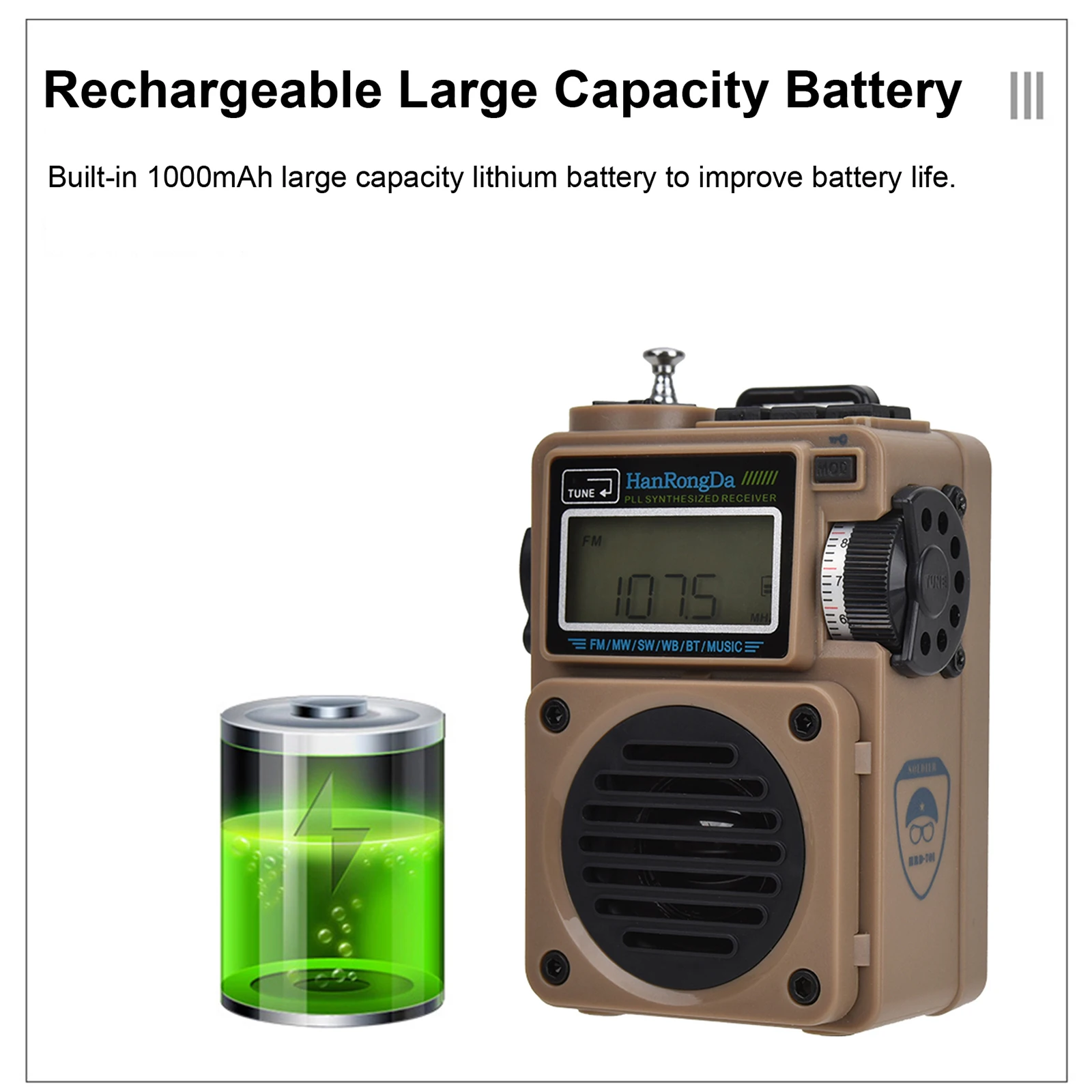 Hanrongda HRD-701 AM FM-радио Mini FM/SW/MW/WB полнодиапазонное цифровое радио перезаряжаемое BT