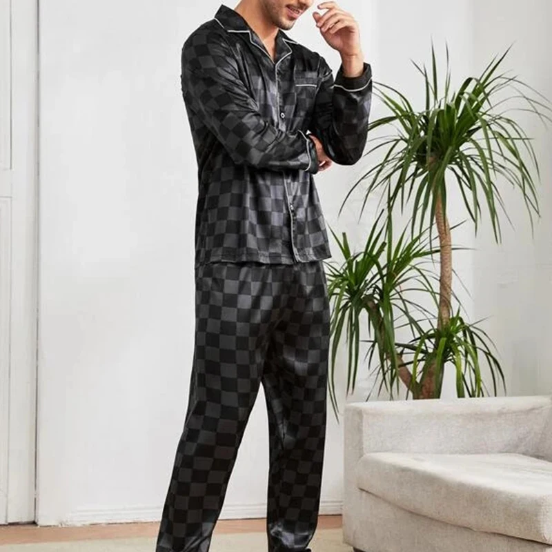 Men Checkered Silk Satin Pajamas Set Home Sleepwear Long Trouser Suit Female Sleep Two Piece Set Couple Loungewear Plus Size
