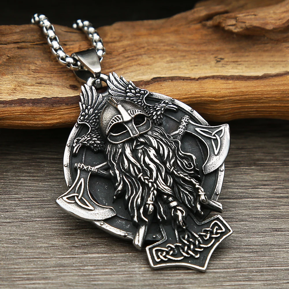 

Vintage Nordic Odin Crow Pendant For Men Stainless Steel Viking Warrior Double Axe Necklace Celtic Knot Amulet Jewelry Gift