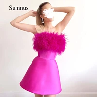fashion feather strapless mini prom dresses sleeveless a line sexy cocktail dress short fuchsia satin gala party gowns summer