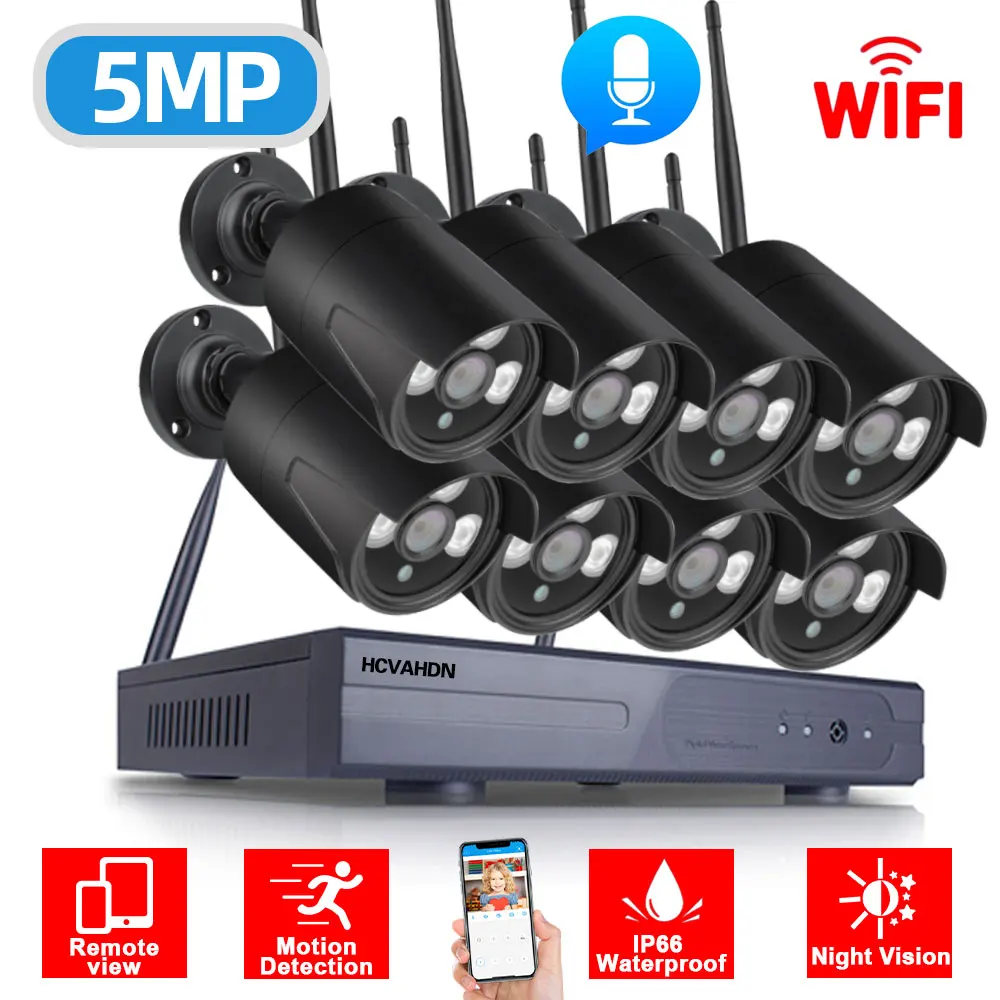 Kit Wifi 5mp Wireless Nvr Kit 10ch Outdoor Audio Wifi Surveillance Camera System Set H.265