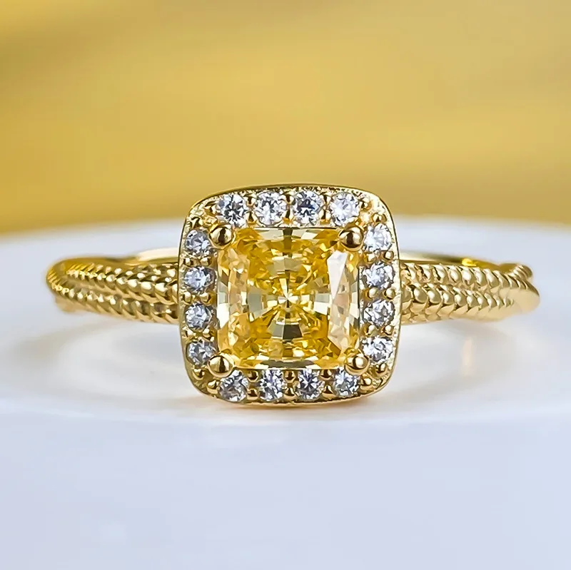 

2023 New S925 Silver 5 * 5 Sugar Yellow Diamond High Carbon Diamond European and American AliExpress Cross border Ring Ring