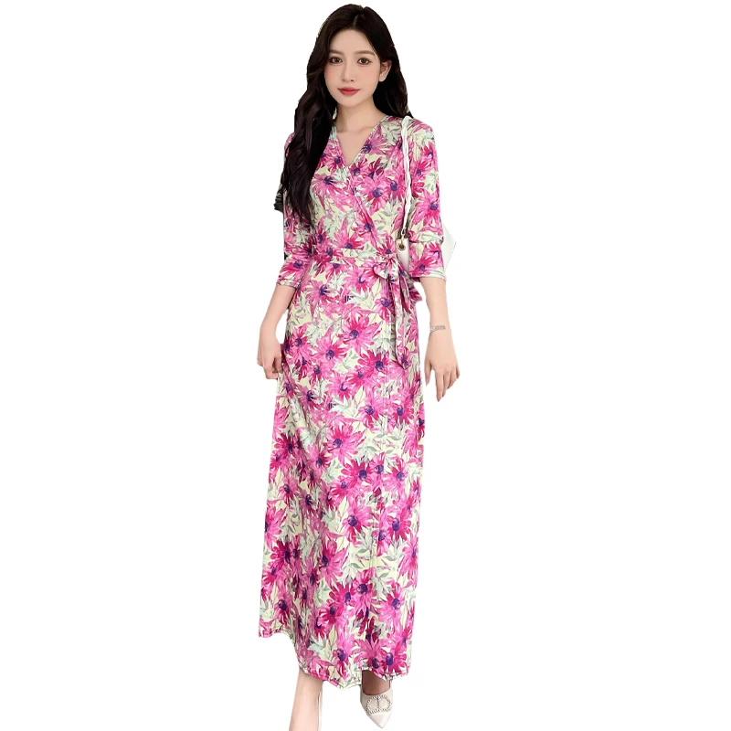 

Женское пляжное платье-макси с V-образным вырезом и рукавом три четверти