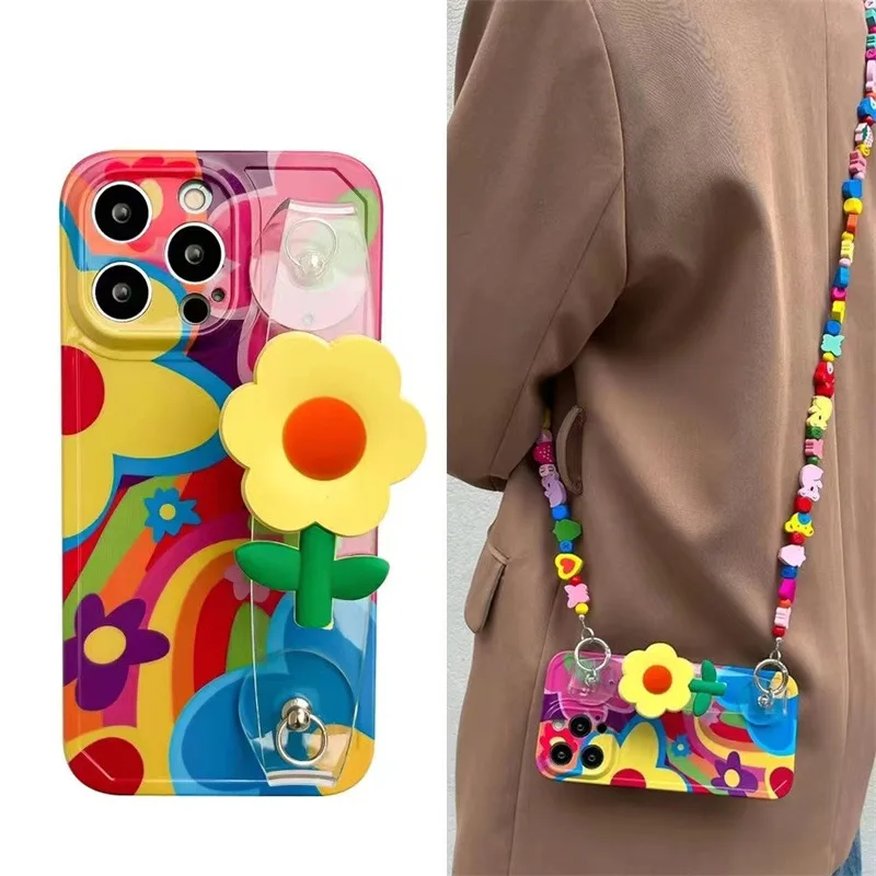 

Ins style oil painting graffiti small yellow flower crossbody Apple phone bag 14promax phone case suitable for iPhone 13 fashion