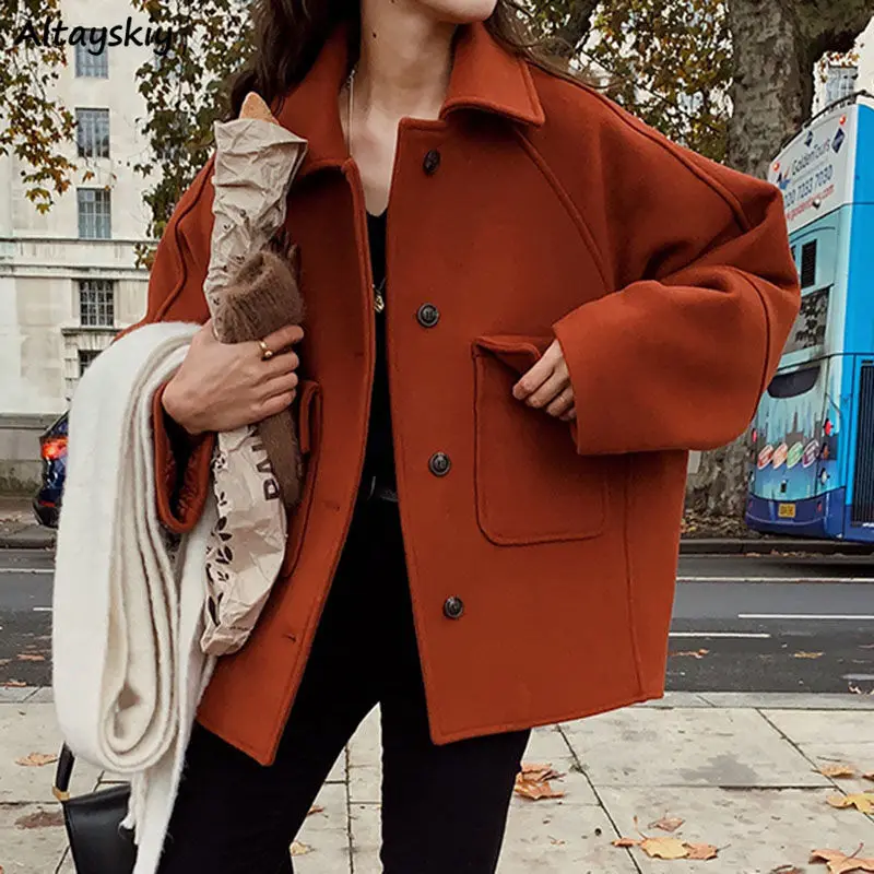 

Turn-down Collar Blends Women Chic New Solid Autumn Retro Classic Streetwear Casual Single Breasted Gentle Outwear Females Ins