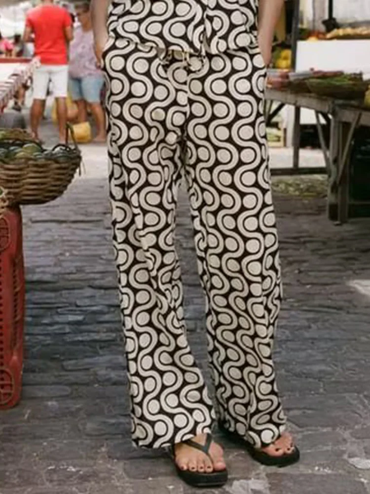 

2023 Women Summer Straight Pants Fashion Print Drawstring Bow Pockets Full Length Poplin Female Casual Trousers Clothing