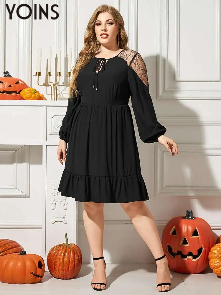 YOINS Plus Size Elegant Dress 2023 Fashion Long Sleele Evening Party Vestidos Casual Lace Up Loose Pleated Holiday Sundress Robe