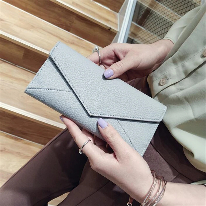 

Wristlet Fashion Envelope Women Wallet Solid Color 2Fold 4Colors PU Leather Wallet Long Ladies Clutch Coin Purse