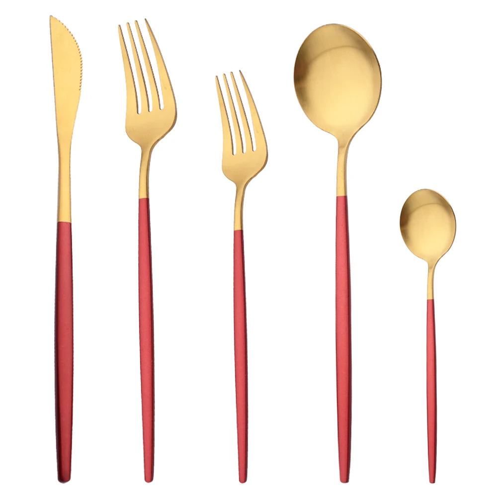 

Tableware Set Red Gold 5Pcs Dinnerware Cutlery Set Stainless Steel Matte Flatware Dinner Knife Dessert Fork Spoon Kitchen Set