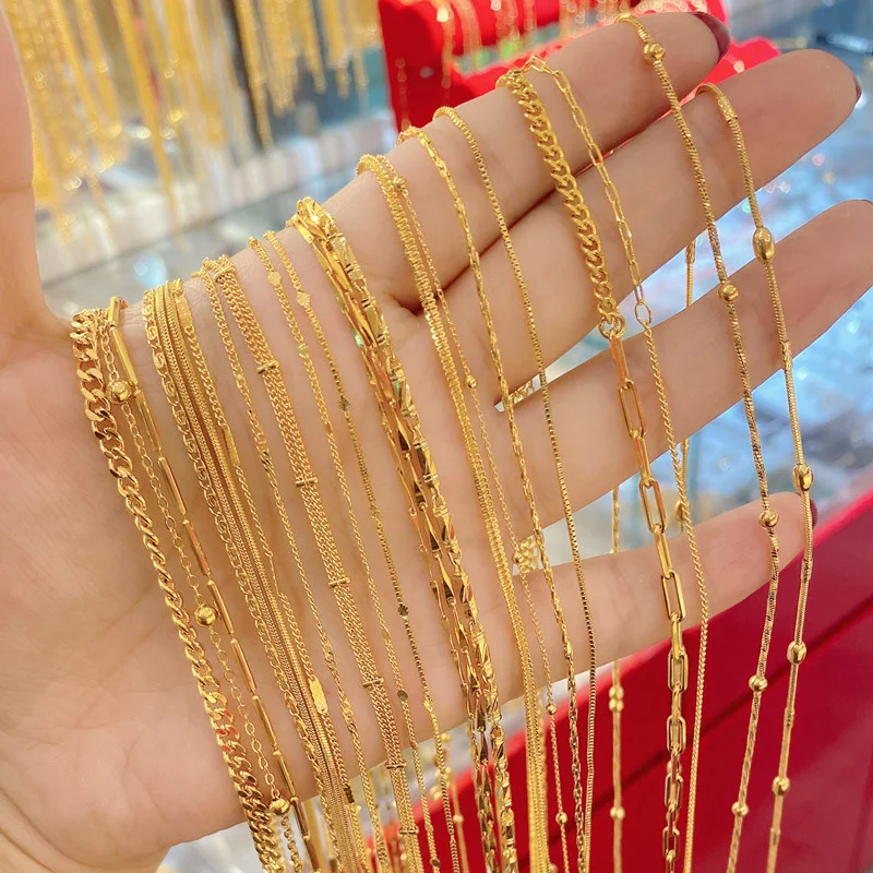 

Чистое простое 100% копия настоящего 999 золота 18k простое ожерелье Ab Ot Пряжка Ins ветер противоаллергическая цепочка до ключиц для женщин Подар...