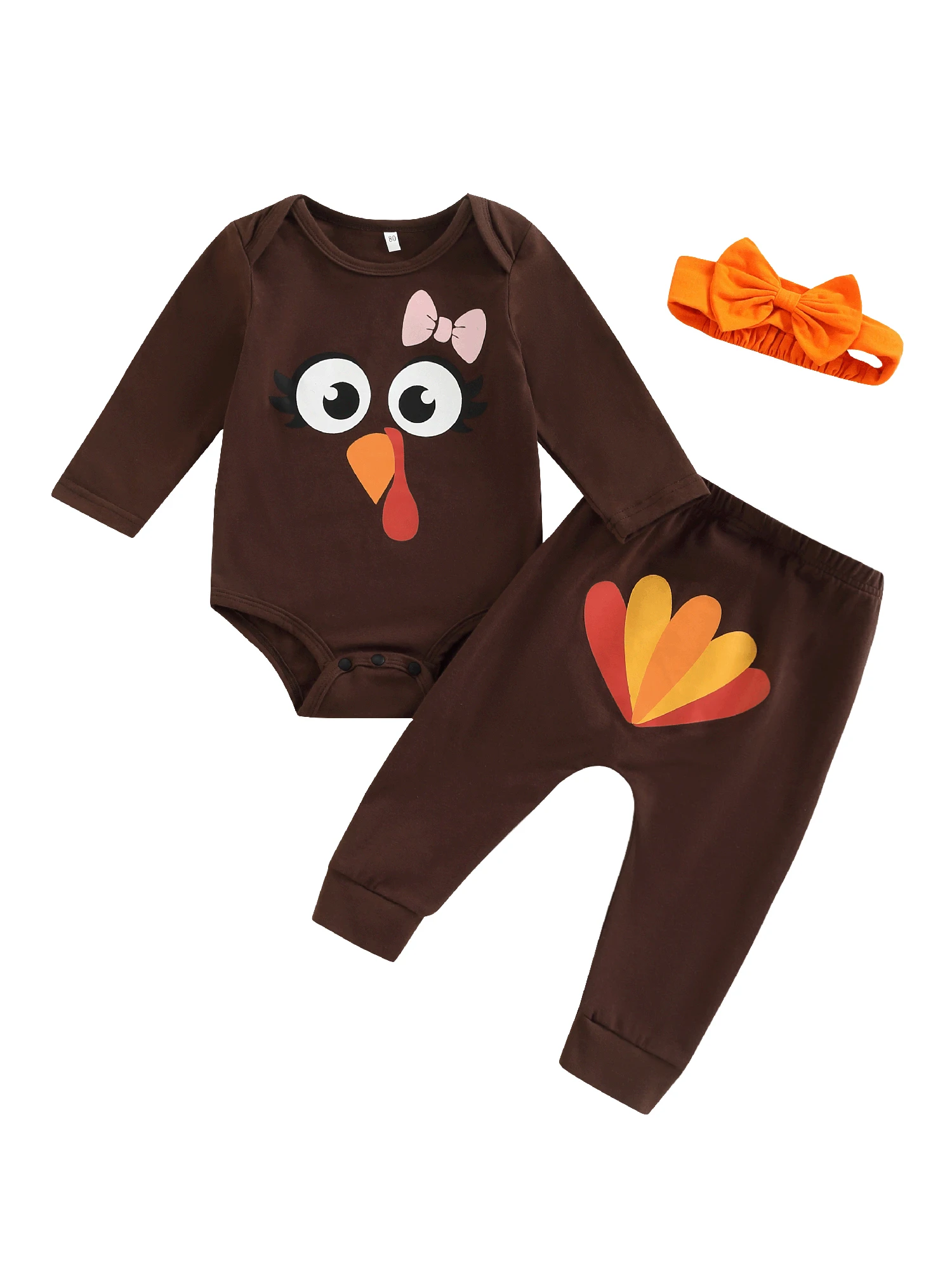 

3Pcs Newborn Infant Baby Girl Boy Thanksgiving Outfits Turkey Romper Long Pants Bow Headband Set