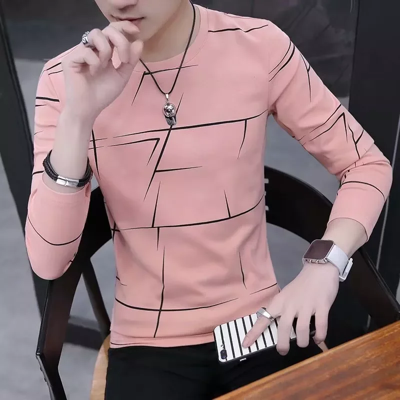 

T Shirt Men Autumn Winter Men Long Sleeve T-shirt Stripe Shirt New Tshirt T Shirts O-Neck Casual Pink White Black