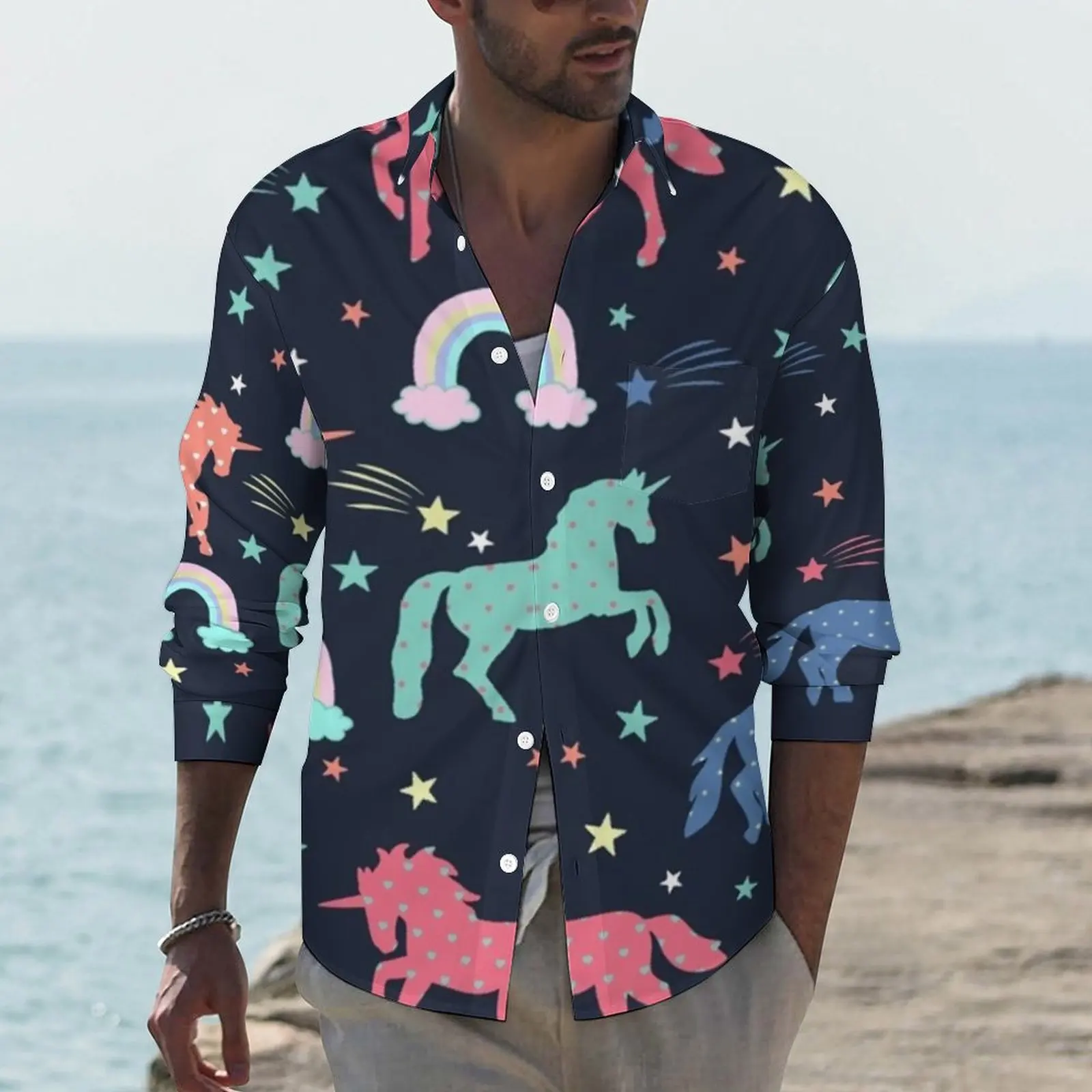 

Cute Unicorn Shirt Men Rainbows Stars Print Casual Shirts Spring Funny Graphic Blouses Long Sleeve Novelty Oversized Top Gift