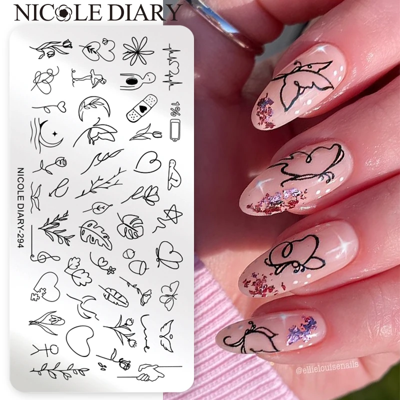 

NICOLE DIARY Nail Stamping Plates Heart Line Butterfly Print Image Stainless Steel Flower Leaf Stencils Nail Art Stamp Template