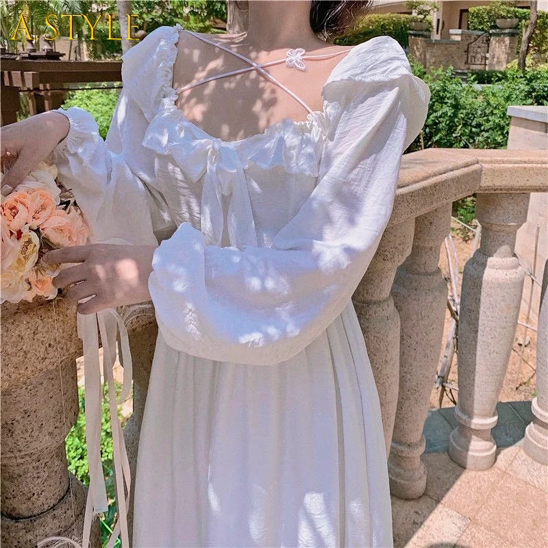 

Party One Piece Derss Korea Fashion Long Sleeve Elegant Fairy Dresses Women 2021 Autumn Retro Sweet Midi Dress Female Bow Design