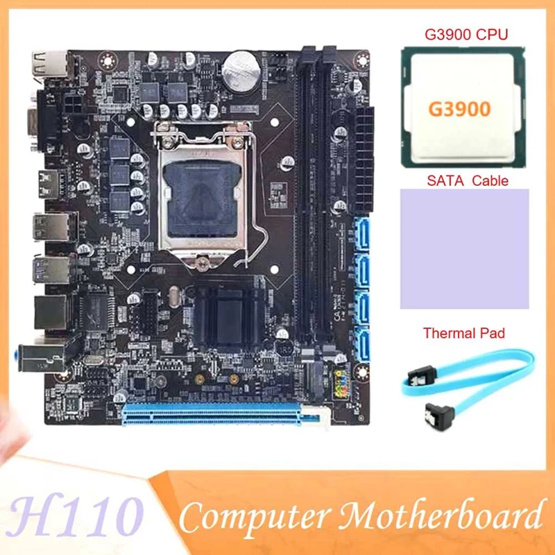 

H110 Motherboard Supports LGA1151 6/7 Generation CPU Dual-Channel DDR4 Memory+G3900 CPU+Thermal Pad+SATA Cable