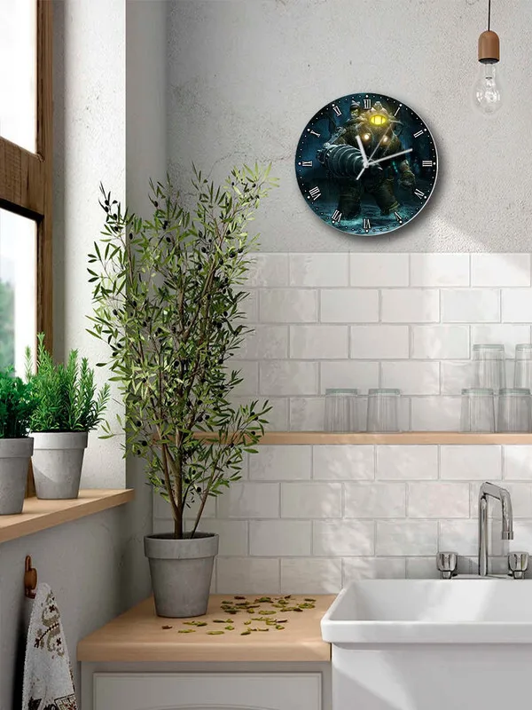 Настенные декоративные часы УФ с ярким рисунком игры Bioshock 2 (биошок элеонора