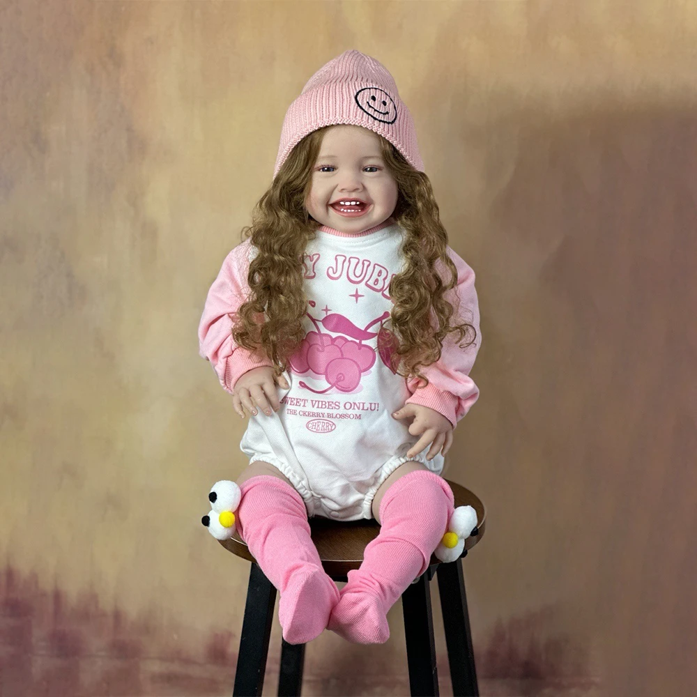 

24 inch Bebe Reborn de Silicone Sólido Molinho Long Curl Hair Dull Cyan Silicone Full Body Smiling Girl Pinky Doll