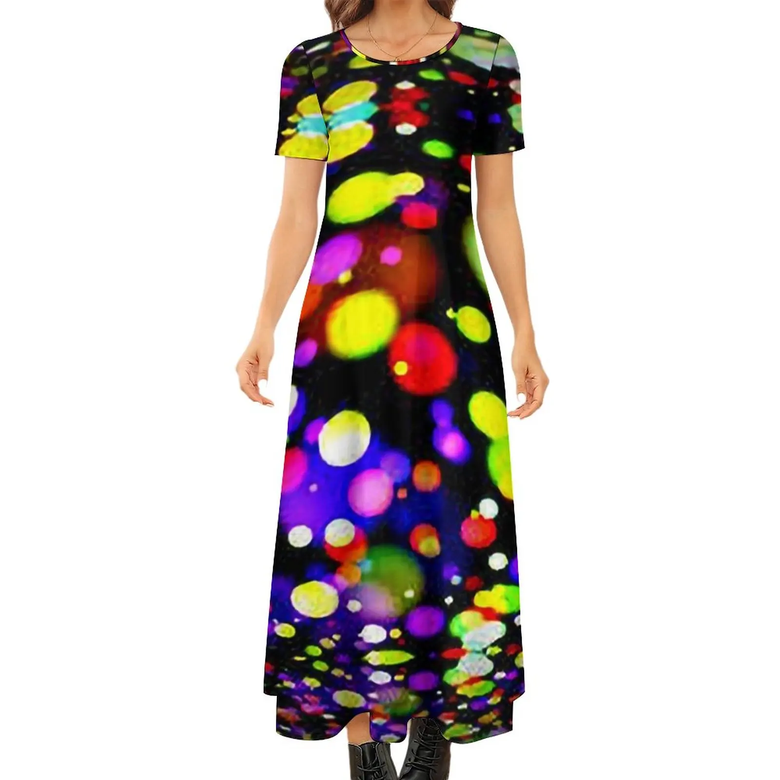 

Party Disco Ball Dress Colorful Light Print Kawaii Maxi Dress Short Sleeve Aesthetic Boho Beach Long Dresses Oversize Vestido