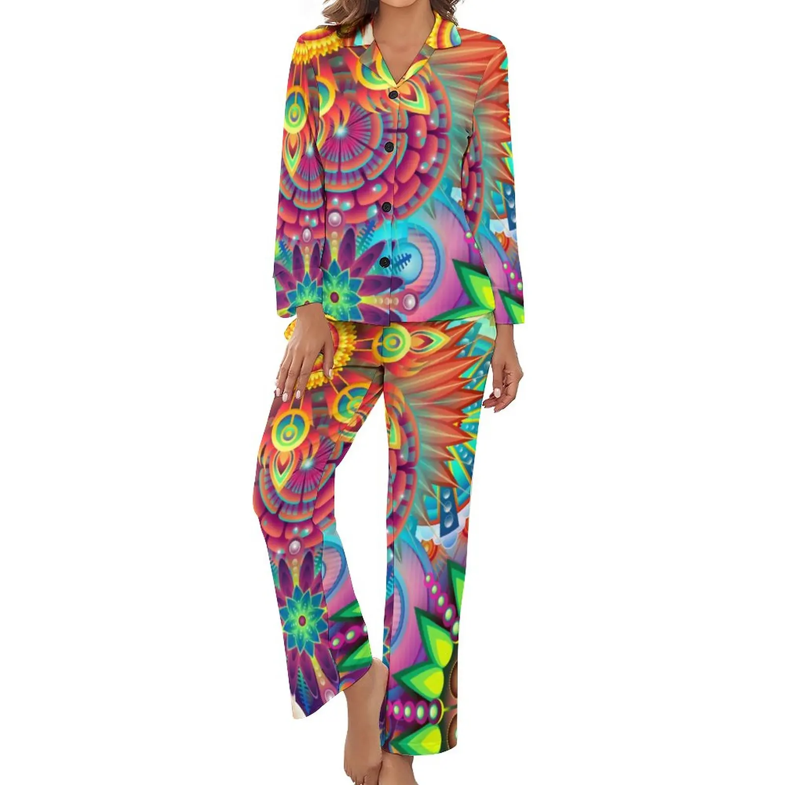 

Psychedelic 60s Pajamas Spring 2 Piece Bohemia Vintage Print Soft Pajamas Set Womens Long Sleeve V Neck Home Custom Sleepwear