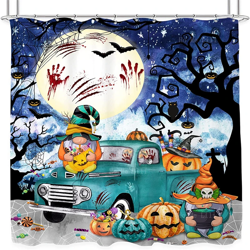 

Bonsai Tree Halloween Trick Or Treat Pumpkins Gnomes Truck Spooky Witch Black Cat Holiday Decor Fabric Shower Curtains With Hook