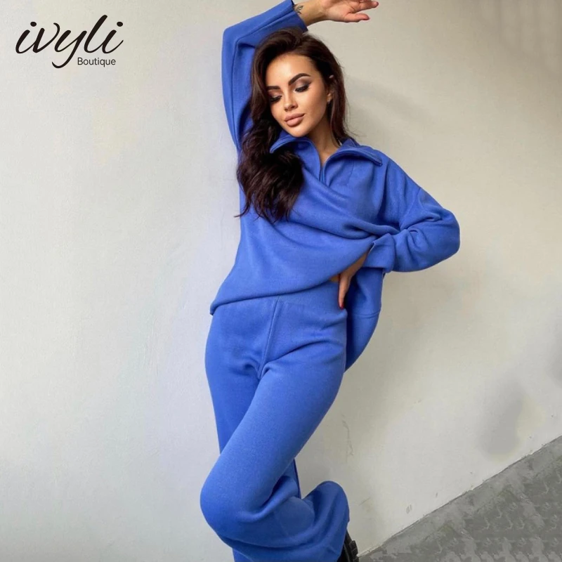 

2022 Casual Fall Loose Knit Sweater Set Fashion Zip Lapel Long Sleeve Pullover & Straight Pants Two Piece Set
