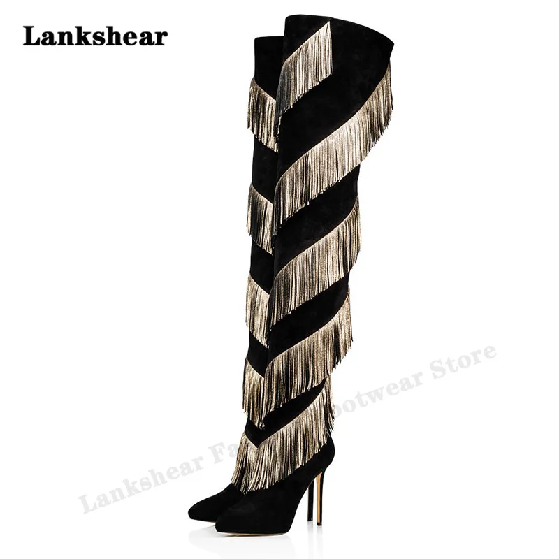 Black Suede Gold Pu Tassel Stiletto Thigh Boots Thick Heel Pointed Toe Western Style Long Boots Ladies Plus Size 34-46