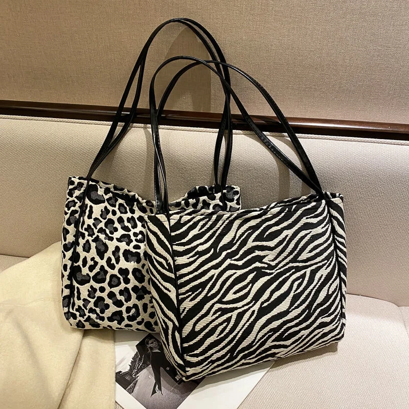 

Women's Tote Bag Canvas Shoulder Bags 2023 Girl Shopper Purse Fashion Casual Leopard Zebra Pattern Print Large Capacity Handbags